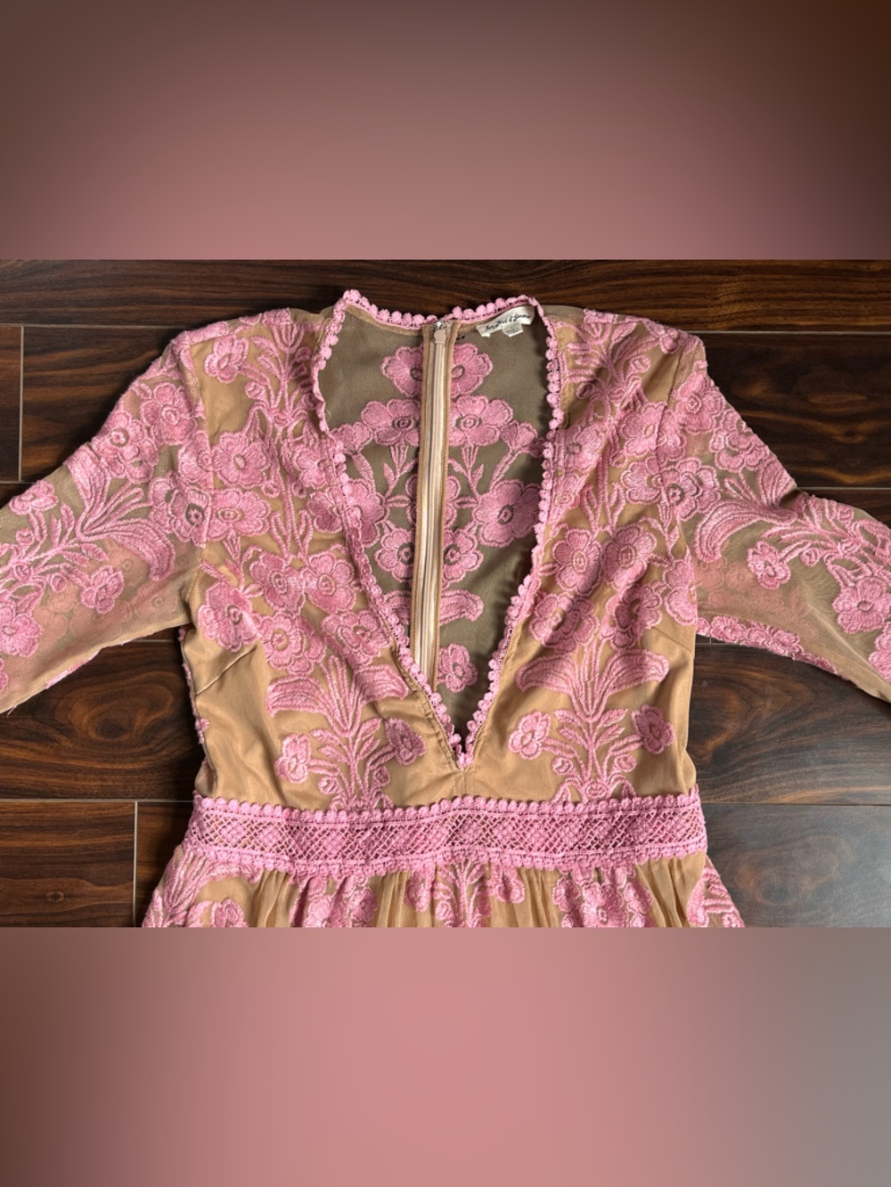 For Love & Lemons Temecula Maxi Dress, Dusty Rose and Nude Long Sleeve Lace, L - Picture 5 of 7